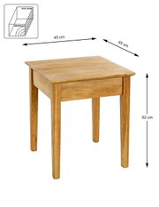 Quadratischer Beistelltisch aus Massivholz in Naturholz-Optik, Maße 45 x 45 cm und Höhe 52 cm, dargestellt in schräger Vorderansicht von oben.