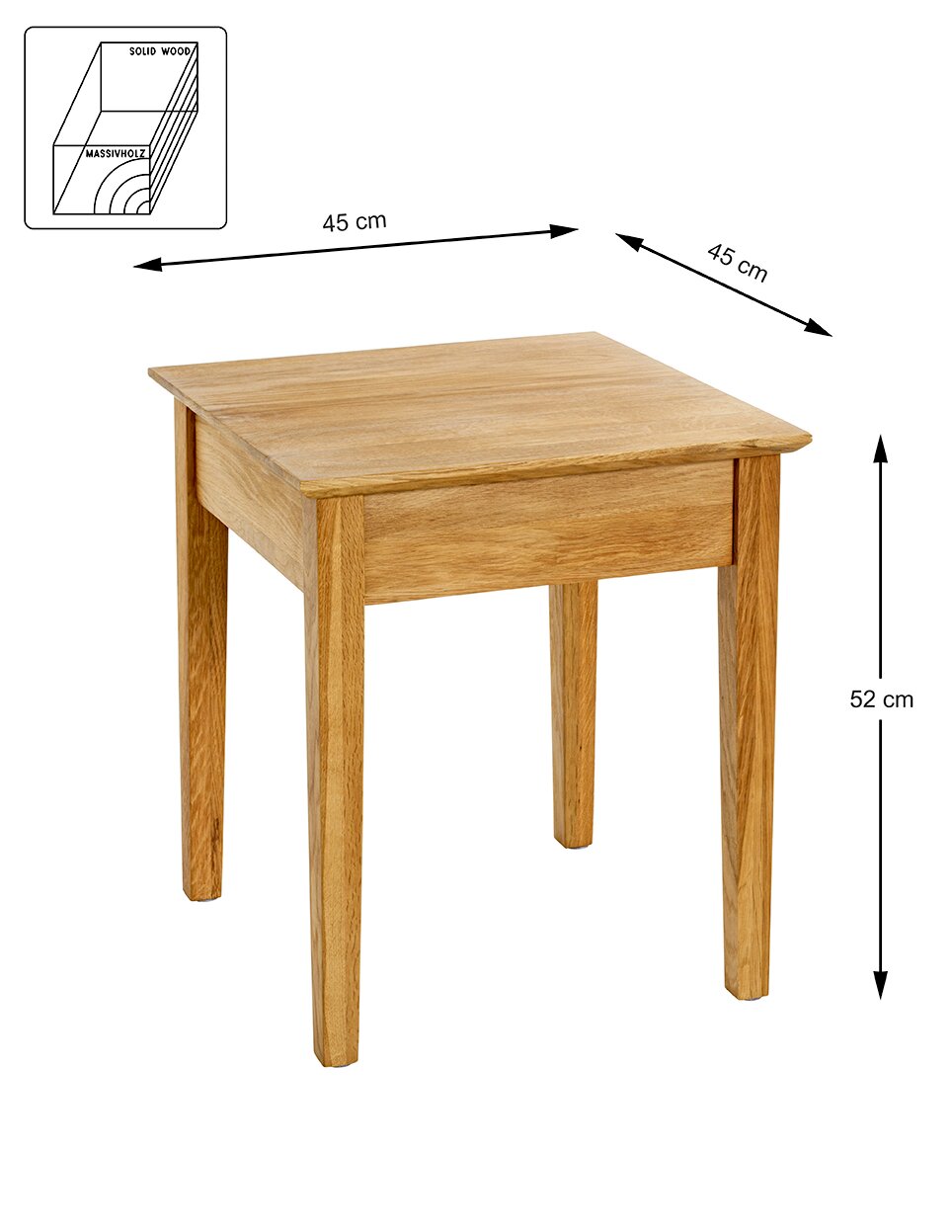Quadratischer Beistelltisch aus Massivholz in Naturholz-Optik, Maße 45 x 45 cm und Höhe 52 cm, dargestellt in schräger Vorderansicht von oben.