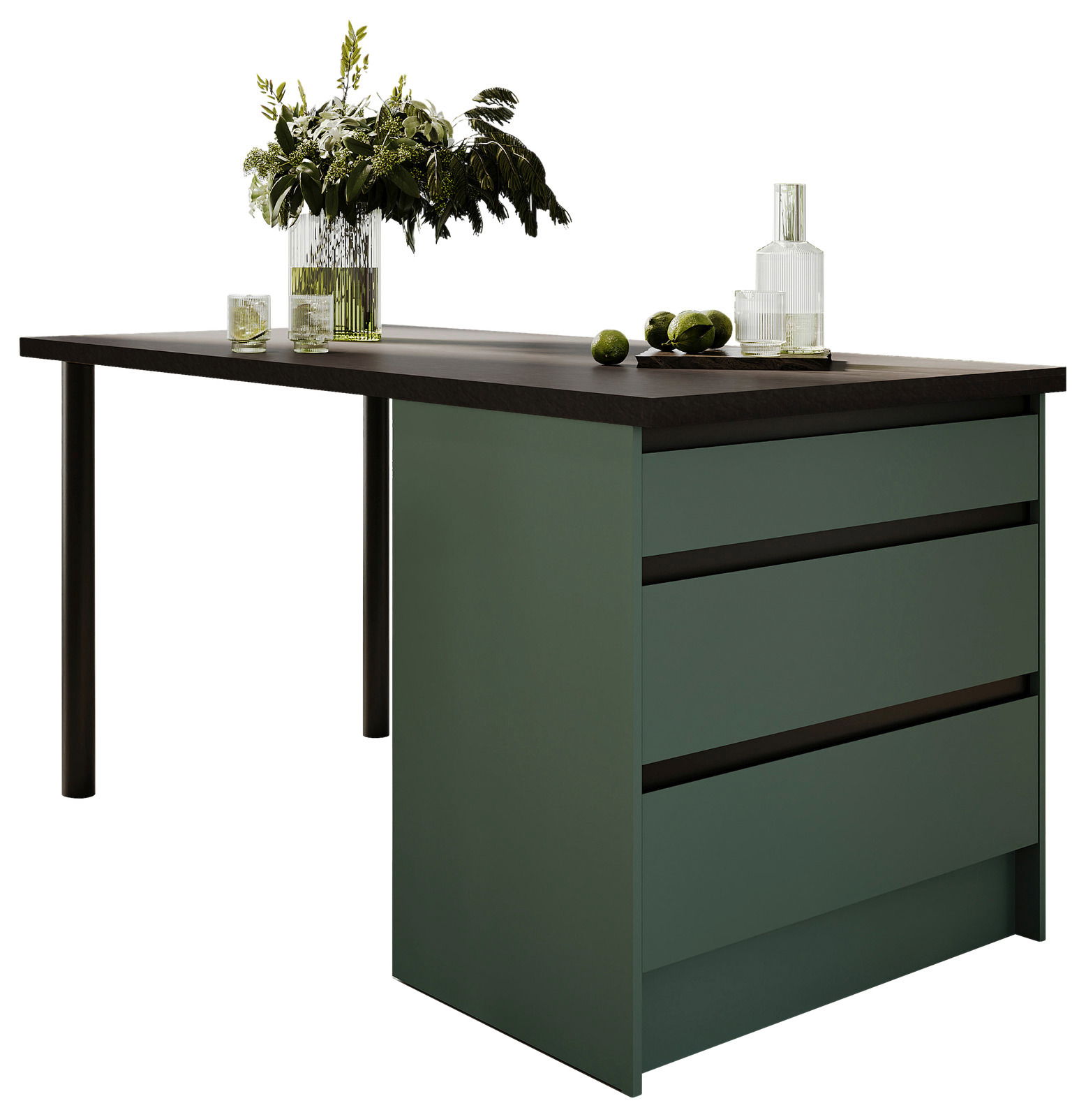 Moderne Kücheninsel mit grünen Schubladen und dunkler Arbeitsplatte, dekoriert mit Pflanzen und Gläsern, seitliche Perspektive