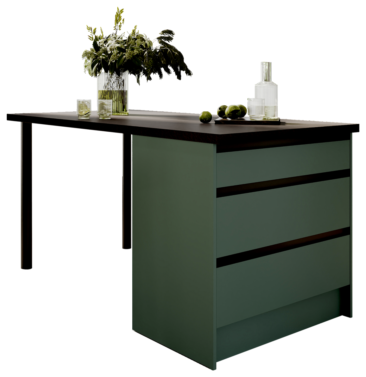 Moderne Kücheninsel mit grünen Schubladen und dunkler Arbeitsplatte, dekoriert mit Pflanzen und Gläsern, seitliche Perspektive