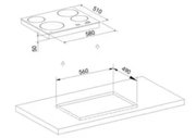 Isometrische Perspektive: Technische Maßzeichnung eines 4-Zonen-Kochfelds mit Abmessungen 580 x 510 x 50 mm und Ausschnittmaß 560 x 490 mm für den Arbeitsplatteneinbau.