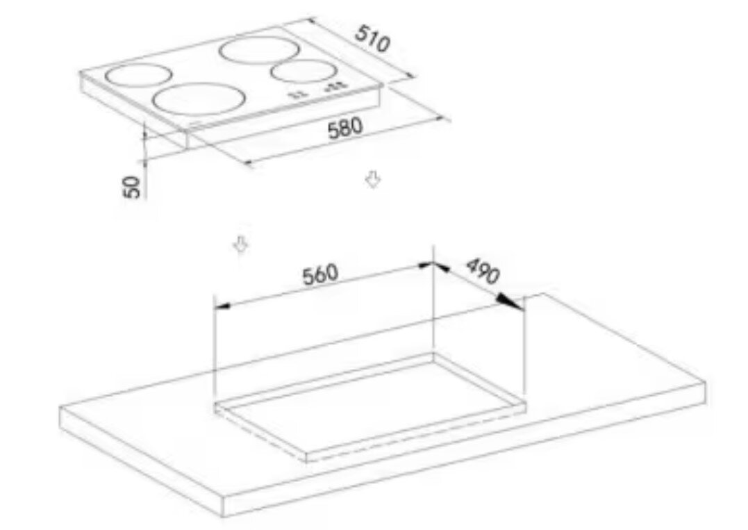 Isometrische Perspektive: Technische Maßzeichnung eines 4-Zonen-Kochfelds mit Abmessungen 580 x 510 x 50 mm und Ausschnittmaß 560 x 490 mm für den Arbeitsplatteneinbau.