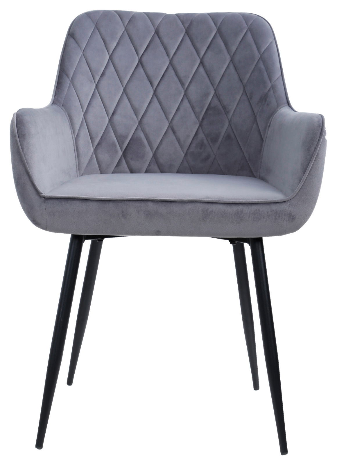 Grauer Armlehnstuhl mit gesteppter Rückenlehne und schwarzen Metallbeinen, Frontalansicht