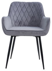 Grauer Armlehnstuhl mit gesteppter Rückenlehne und schwarzen Metallbeinen, Frontalansicht