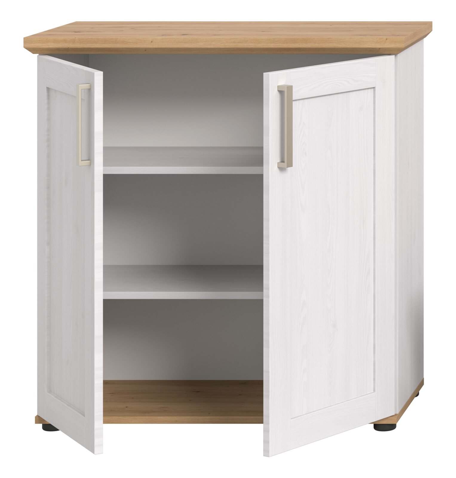 Weißes Highboard mit Holztop, zwei offenen Türen und zwei Regalböden, frontale Ansicht