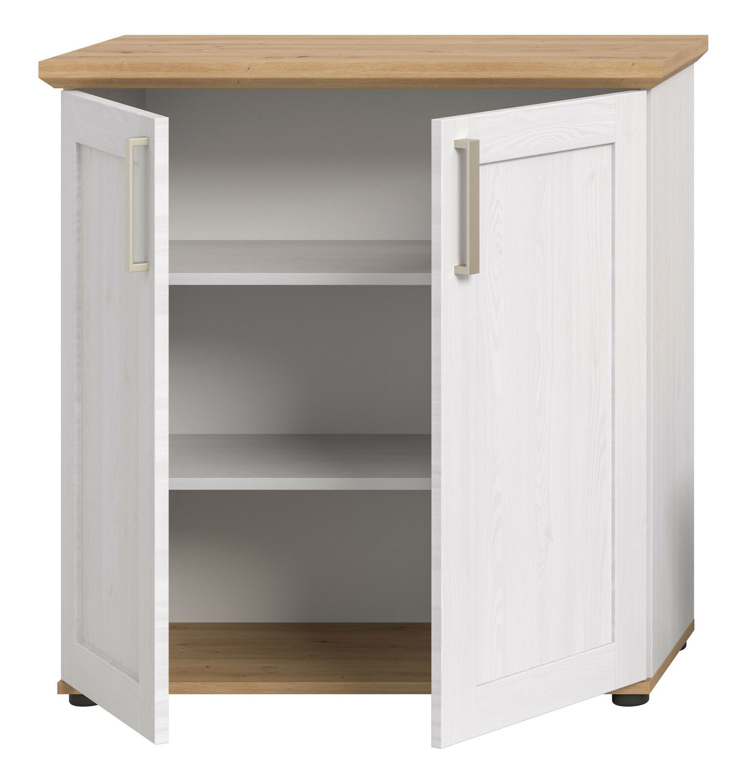 Weißes Highboard mit Holztop, zwei offenen Türen und zwei Regalböden, frontale Ansicht