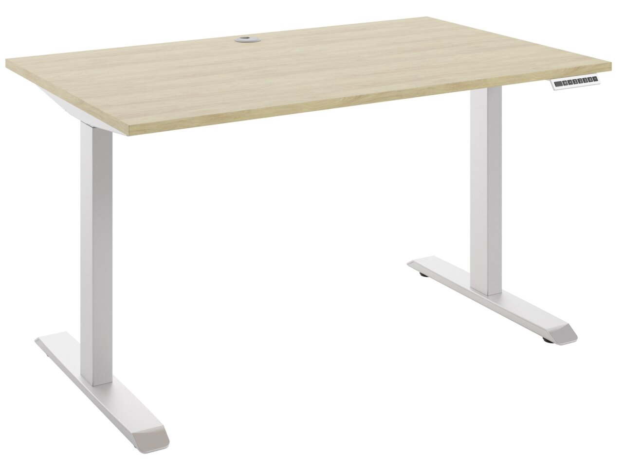 Moderner E-Schreibtisch mit heller Holzoberfläche und weißem Gestell, seitliche Perspektive