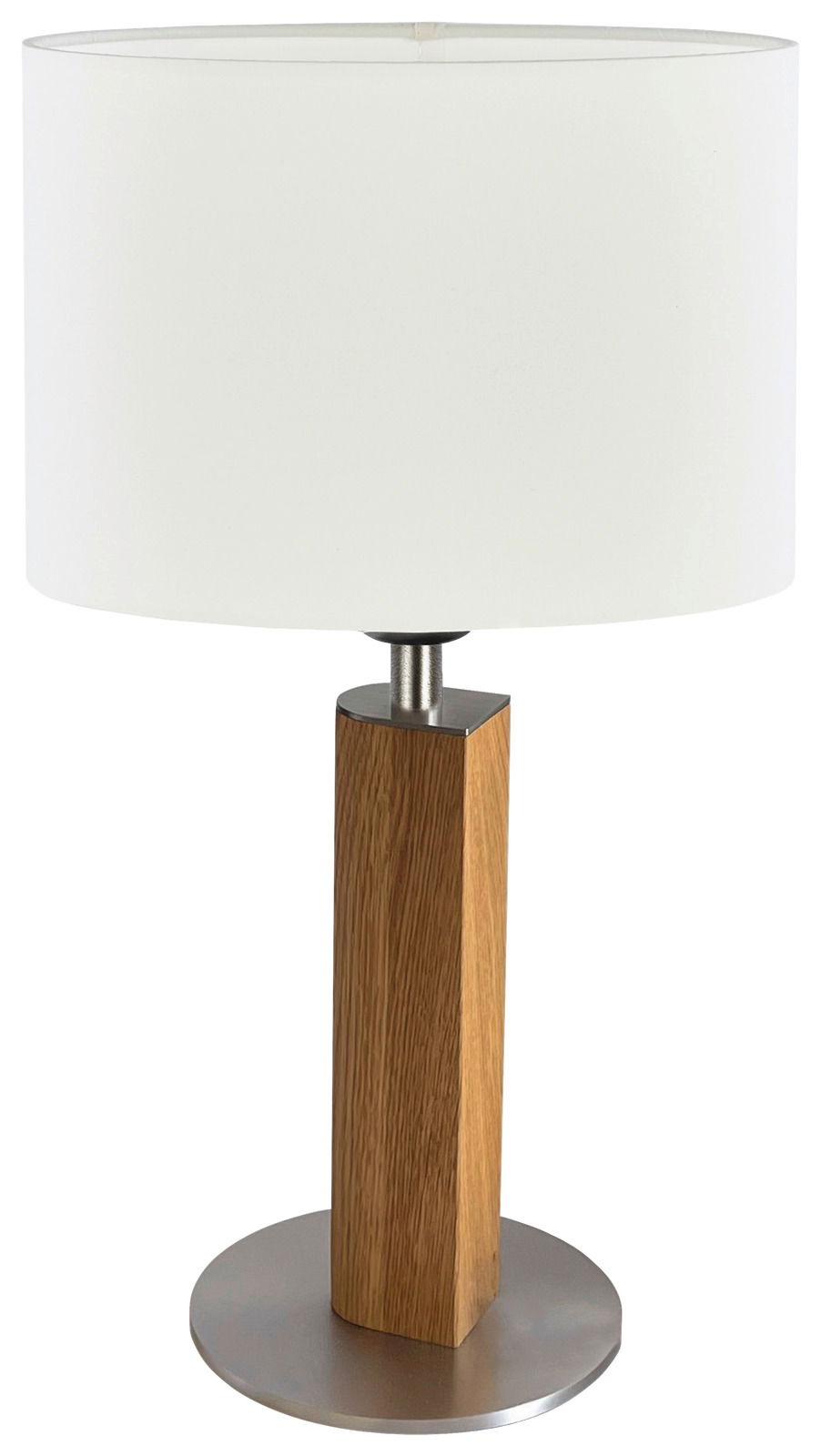 Tischleuchte Franka aus geölter Eiche mit weißem Lampenschirm, frontal abgebildet.