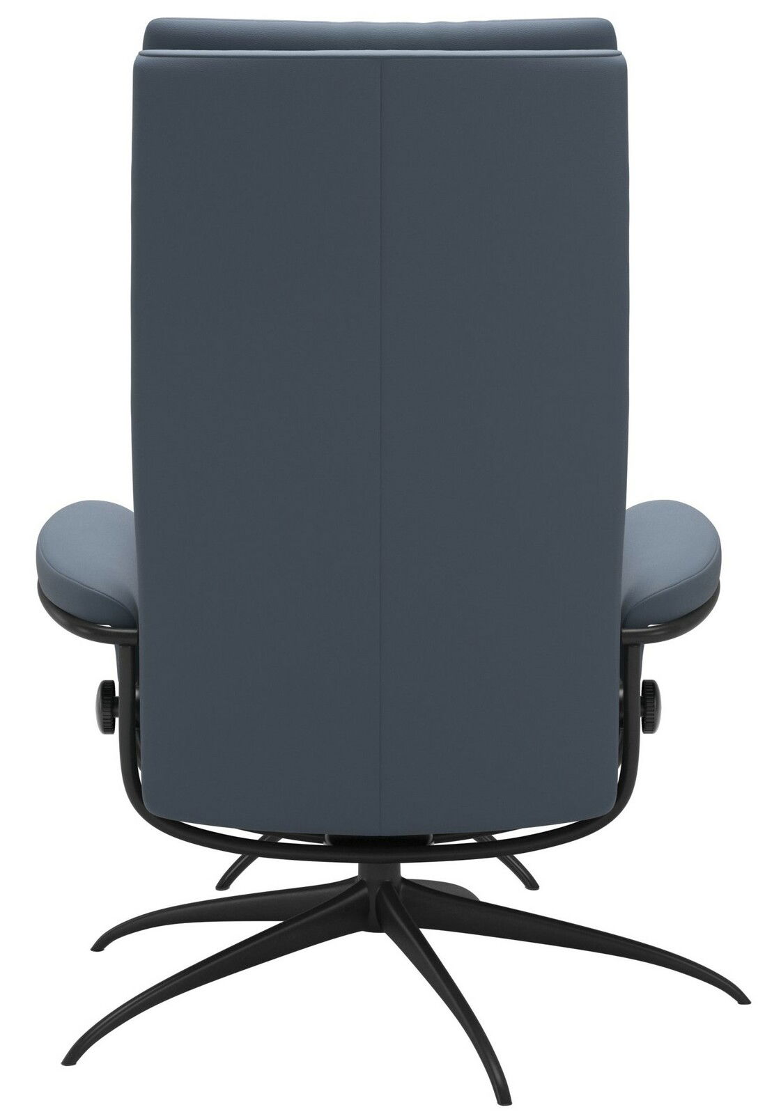 Rückansicht eines modernen Einzelsessels mit schwarzem Drehgestell und blauer Polsterung.