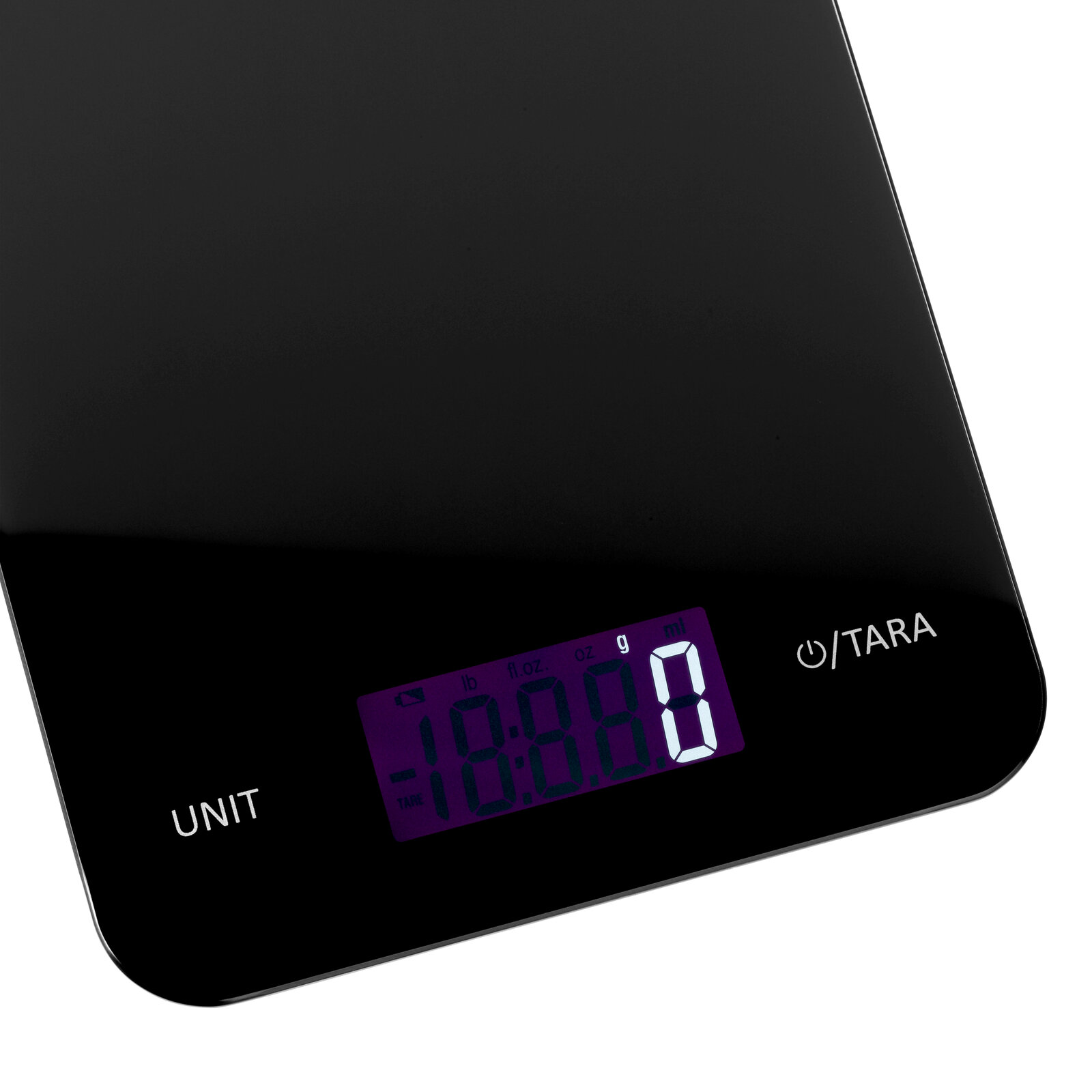 Digitale Küchenwaage in Schwarz mit LED-Anzeige, seitliche Perspektive