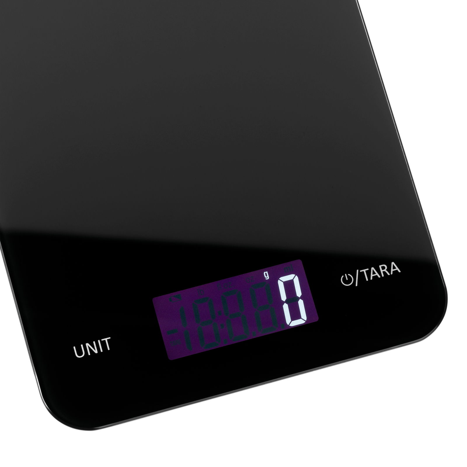 Digitale Küchenwaage in Schwarz mit LED-Anzeige, seitliche Perspektive