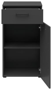 Schwarze Kommode mit einer offenen Schublade oben und einer geöffneten Tür unten, frontale Ansicht
