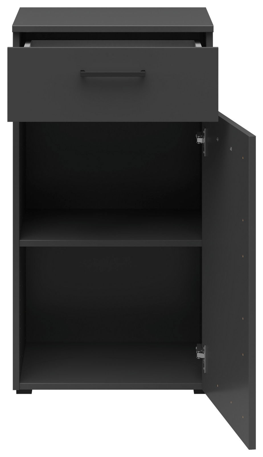 Schwarze Kommode mit einer offenen Schublade oben und einer geöffneten Tür unten, frontale Ansicht