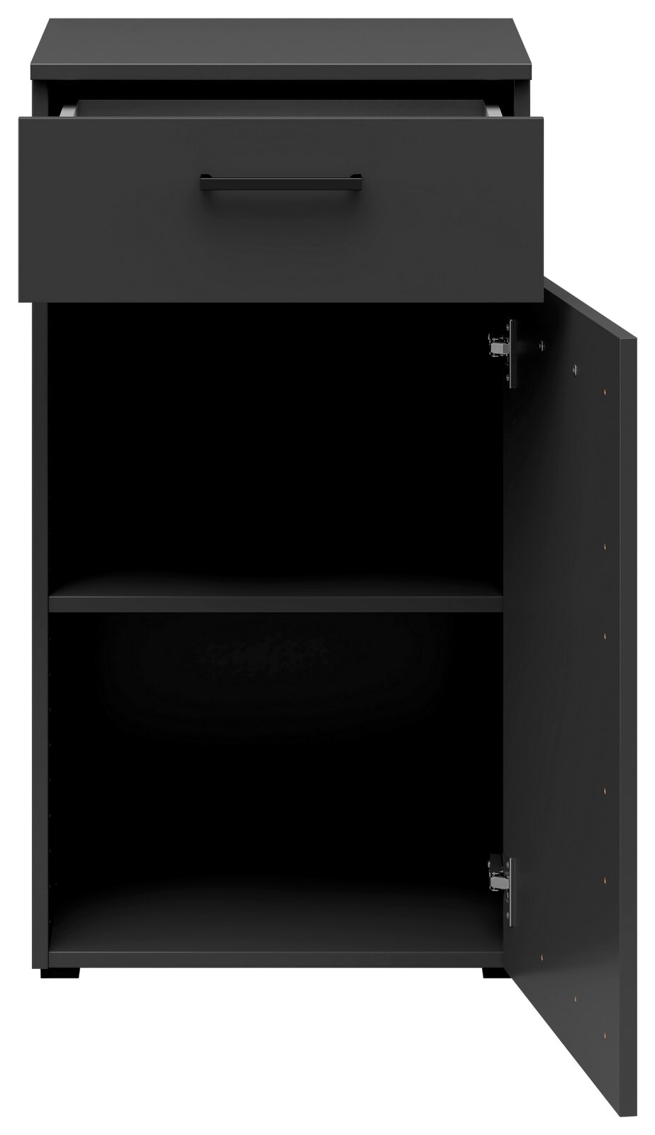 Schwarze Kommode mit einer offenen Schublade oben und einer geöffneten Tür unten, frontale Ansicht