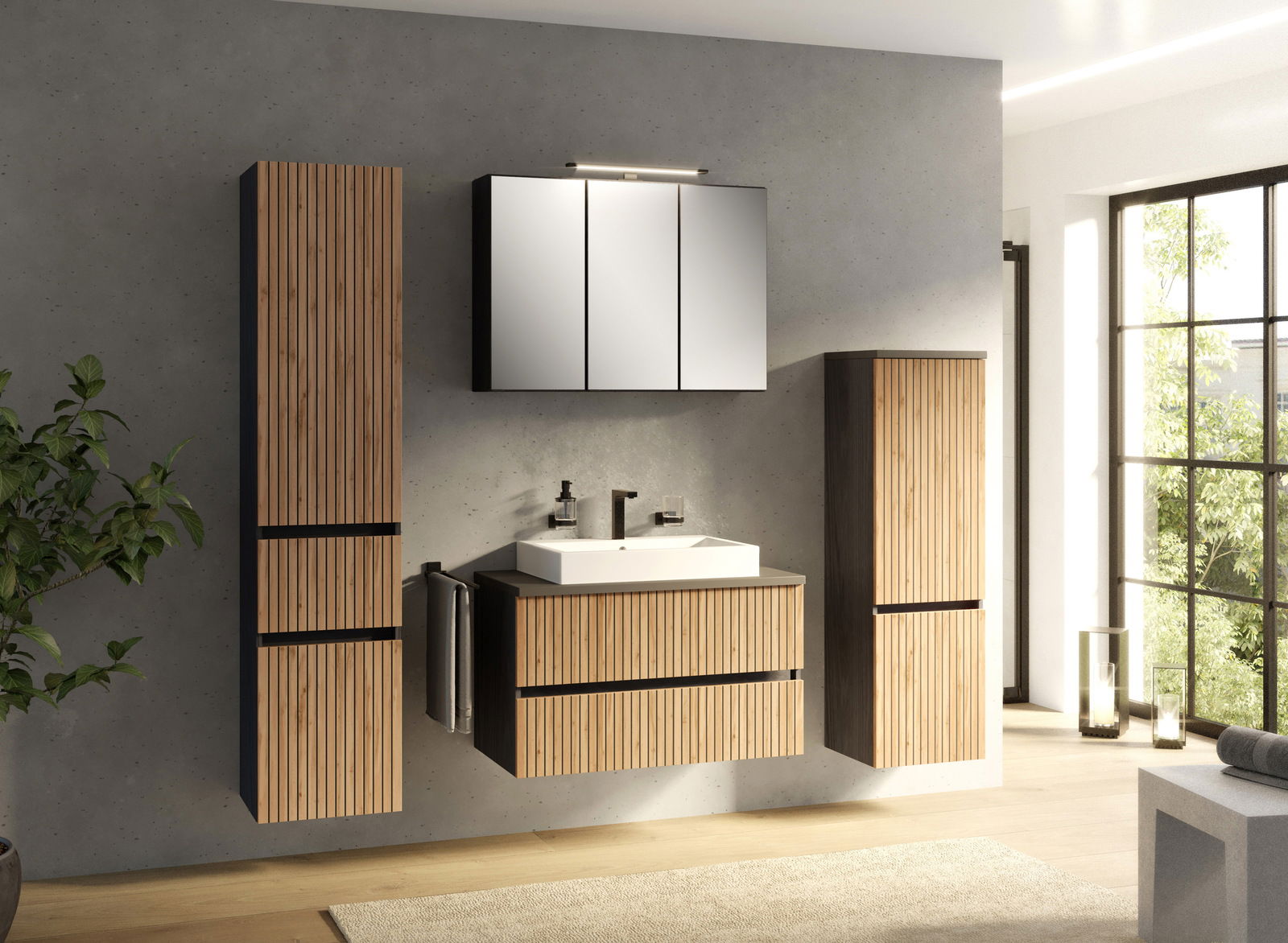 Modernes Waschtisch-Set mit Holzoptik, bestehend aus einem Waschbecken mit Unterschrank, zwei hohen Schränken und einem Spiegelschrank, in einer stilvollen Badezimmerumgebung. Frontalansicht.