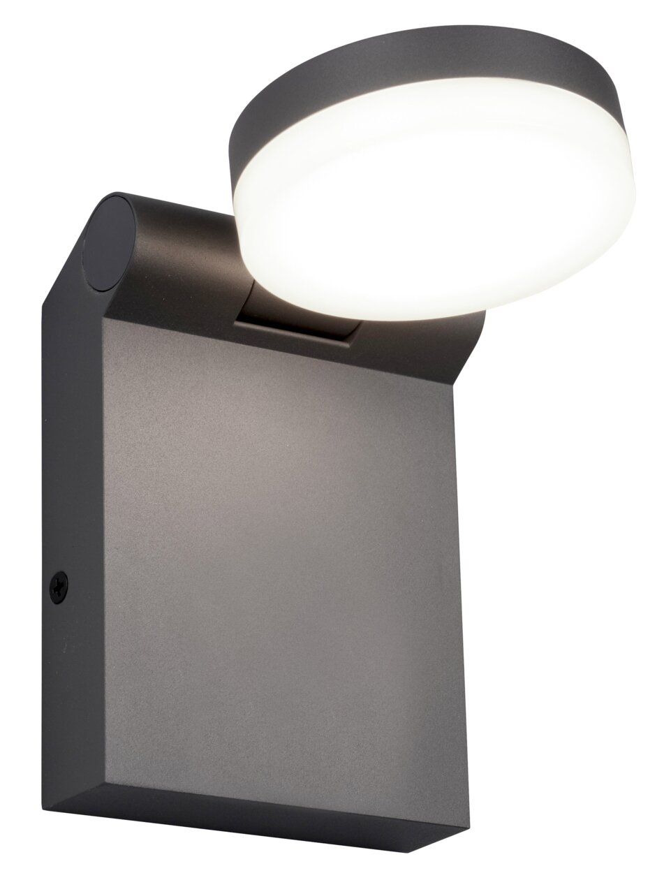 Moderne wandlamp ADOUR in een donkere behuizing met een ronde, verlichtende kop, zijaanzicht