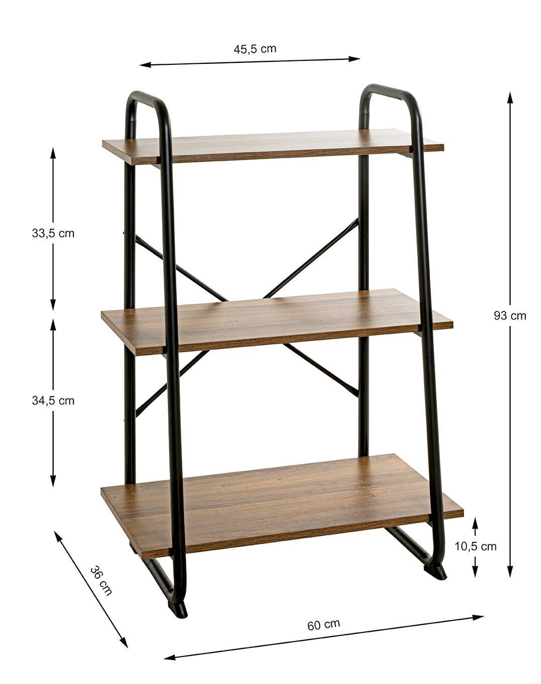 Dreistufiges Standregal im Industrial-Design mit schwarzem Metallrahmen und braunen Holzablagen, Maße ca. 60 x 36 x 93 cm, frontale Ansicht mit leicht schräger Perspektive