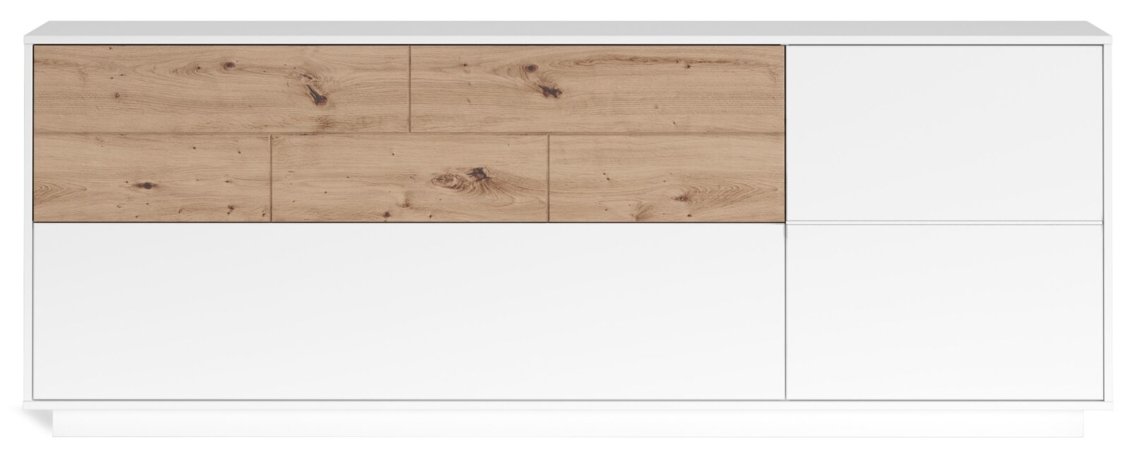 Modernes Sideboard mit weißem und holzfarbenem Design, Frontansicht