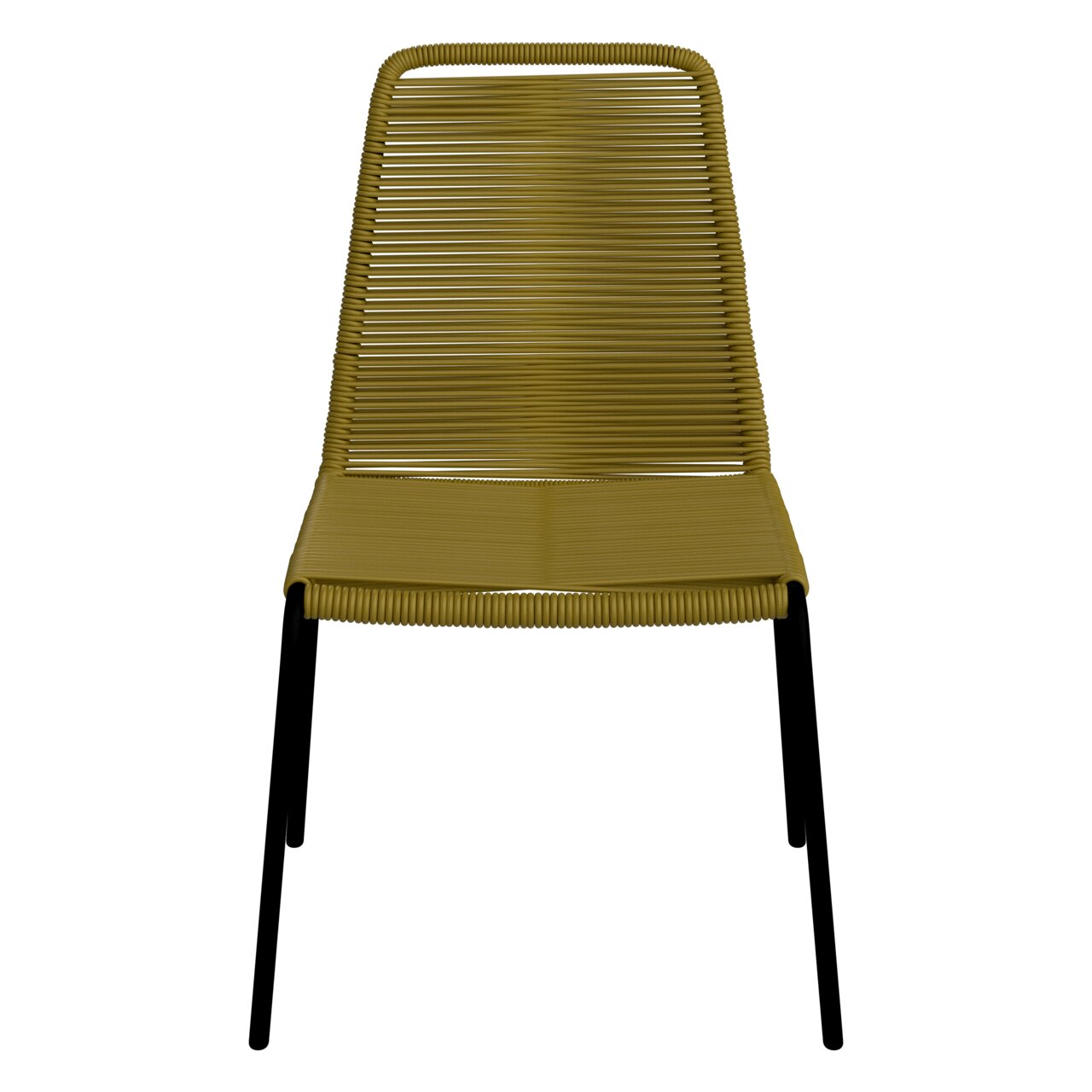 Frontansicht eines modernen Stapelstuhls mit olivgrünem Geflecht und schwarzen Beinen.