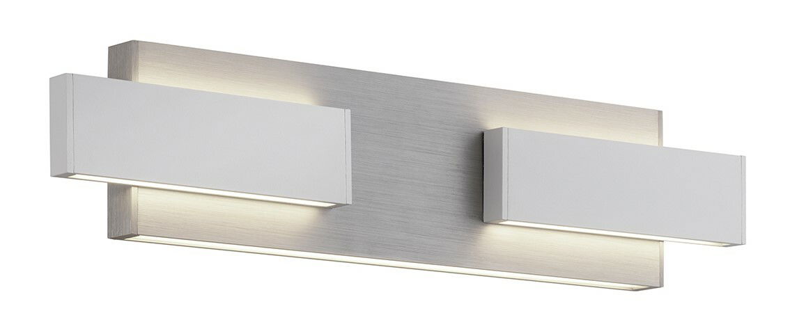 Moderne Wandleuchte RIVERA von Musterring in seitlicher Perspektive, mit zwei rechteckigen Lichtquellen auf einer metallischen Basis.