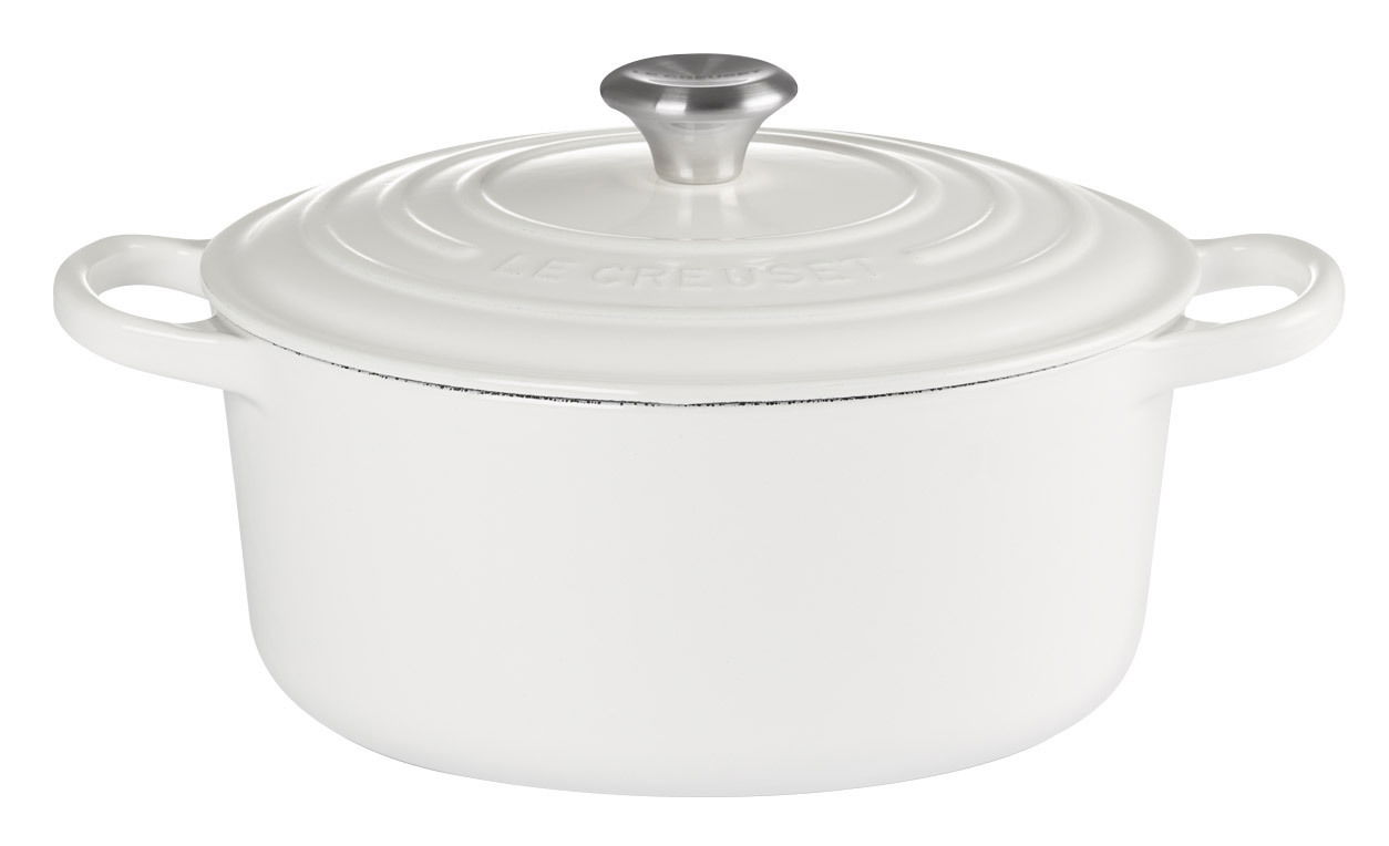 Weißer runder Bräter Signature 22 cm mit Deckel und Griffen, seitliche Perspektive