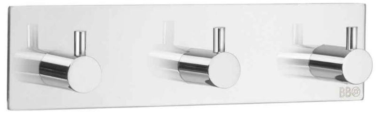 Dreierhakenleiste selbstklebend aus Metall, frontal abgebildet mit drei runden Haken auf einer rechteckigen Platte.