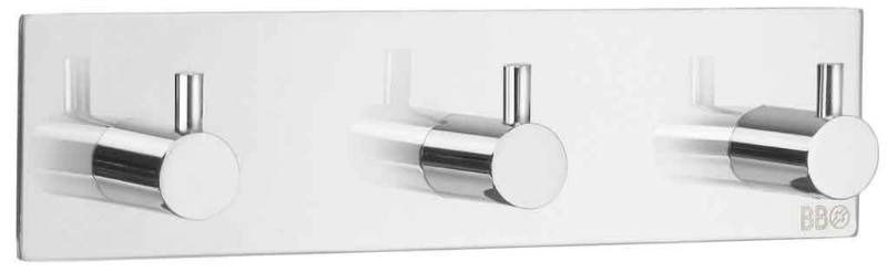 Dreierhakenleiste selbstklebend aus Metall, frontal abgebildet mit drei runden Haken auf einer rechteckigen Platte.