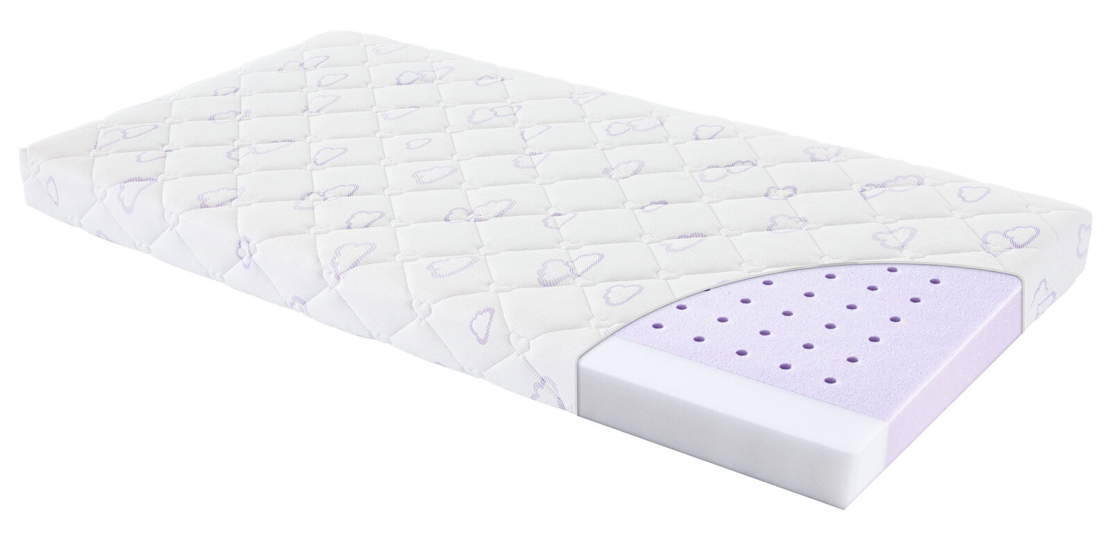 Matratze 60x120 mit herzförmigem Muster und einem Querschnitt, der die Schichten zeigt, aus einer schrägen Perspektive.