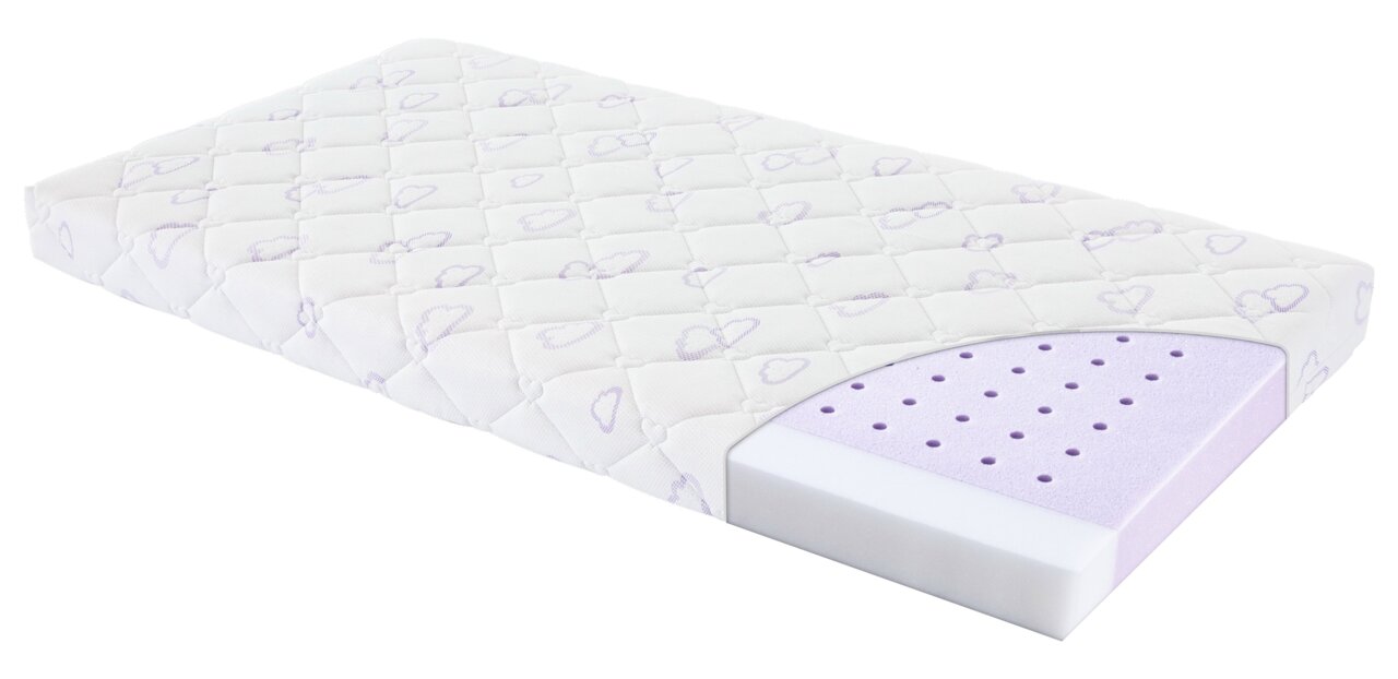 Träumeland Matratze 60x120 SILBERMOND Matratze 60x120 mit herzförmigem Muster und einem Querschnitt, der die Schichten zeigt, aus einer schrägen Perspektive.