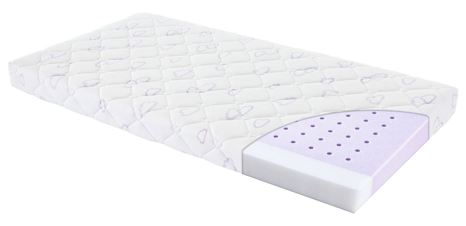 Matratze 60x120 mit herzförmigem Muster und einem Querschnitt, der die Schichten zeigt, aus einer schrägen Perspektive.