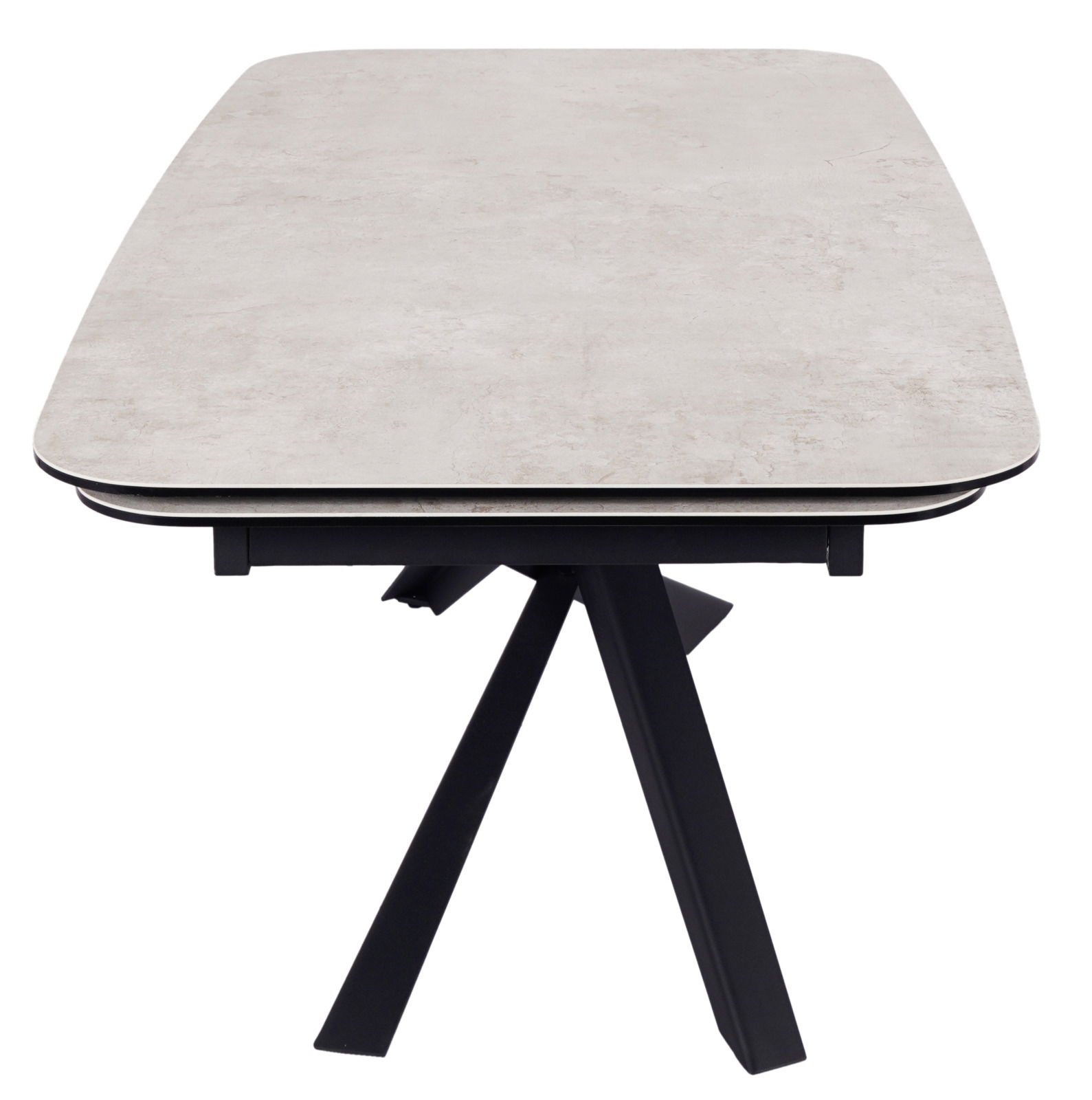 Moderner Esstisch mit heller Tischplatte und schwarzem Metallgestell, Frontalansicht