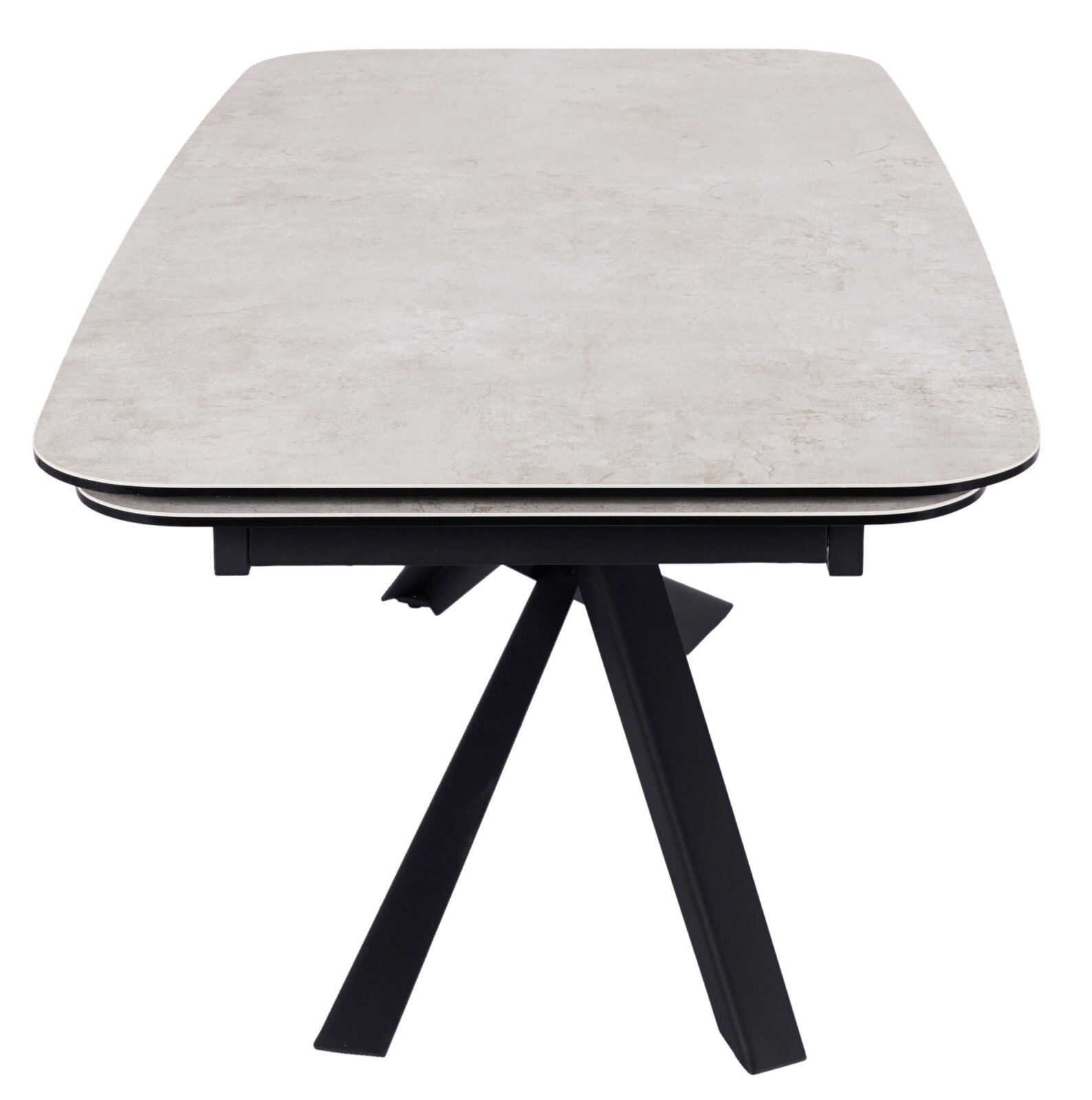 Moderner Esstisch mit heller Tischplatte und schwarzem Metallgestell, Frontalansicht