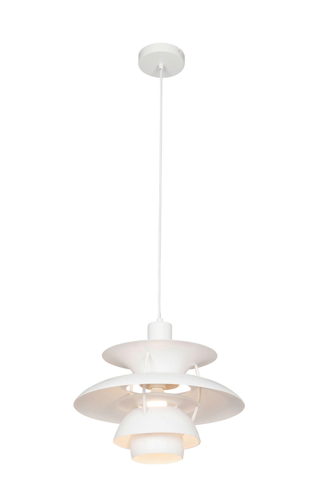 Moderne weiße Hängeleuchte mit mehreren Schirmen, seitliche Perspektive