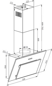 Technische lijntekening van een schuine wandafzuigkap met afmetingen (o.a. breedte 598 mm, hoogte 400–785 mm, kanaal 222×173 mm en aansluiting Ø150), getoond in zij-/schuin aanzicht.