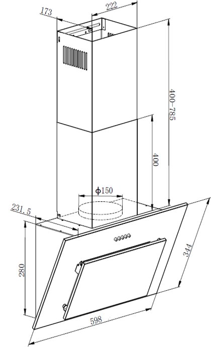 Technische lijntekening van een schuine wandafzuigkap met afmetingen (o.a. breedte 598 mm, hoogte 400–785 mm, kanaal 222×173 mm en aansluiting Ø150), getoond in zij-/schuin aanzicht.