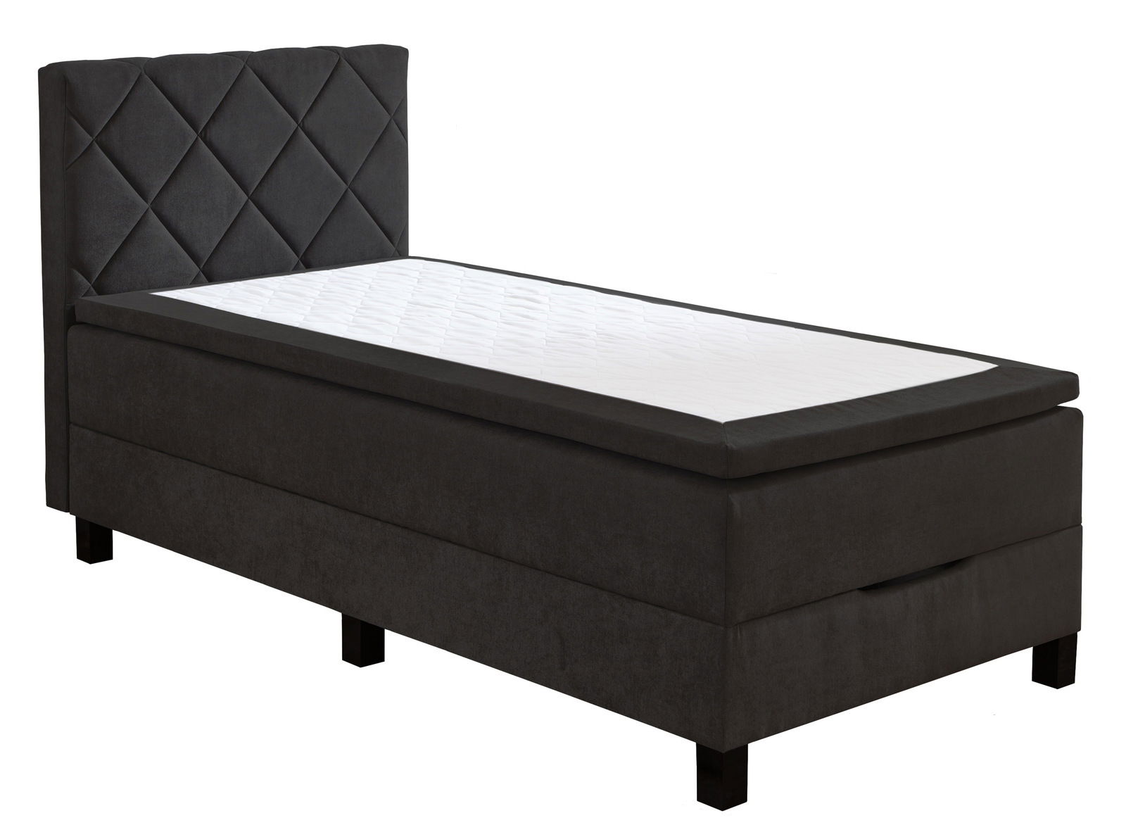 Boxbett in dunklem Stoff mit gestepptem Kopfteil, seitliche Perspektive