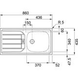 Technische Zeichnung einer Spüle mit Abtropffläche, Draufsicht, Maße in Millimetern angegeben.