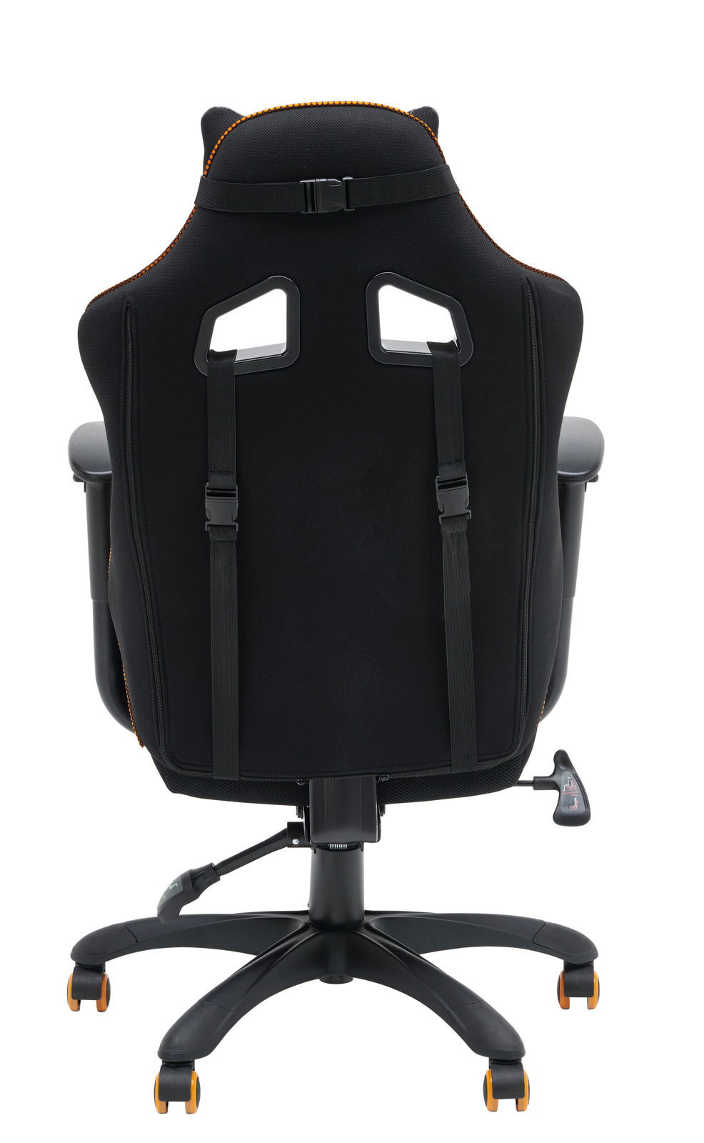 Rückansicht eines schwarzen Gaming-Stuhls mit ergonomischem Design und verstellbaren Gurten.