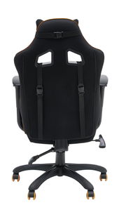 Rückansicht eines schwarzen Gaming-Stuhls mit ergonomischem Design und verstellbaren Gurten.