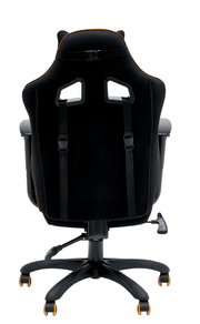 Rückansicht eines schwarzen Gaming-Stuhls mit ergonomischem Design und verstellbaren Gurten.