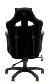 Rückansicht eines schwarzen Gaming-Stuhls mit ergonomischem Design und verstellbaren Gurten.