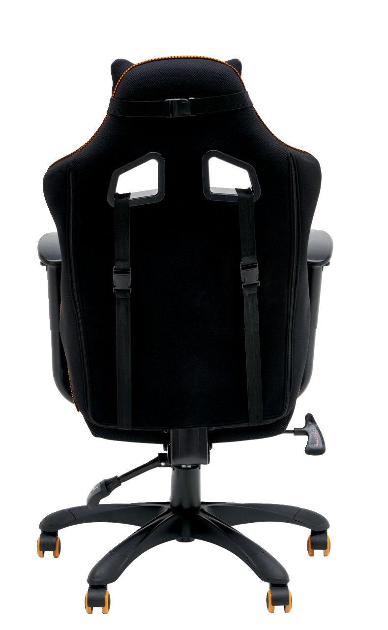 Achterkant van een zwarte gamingstoel met een ergonomisch ontwerp en verstelbare riemen.