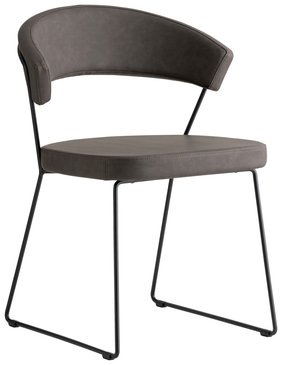 Moderner Stuhl mit gepolstertem Sitz und Rückenlehne in dunklem Leder, seitliche Perspektive