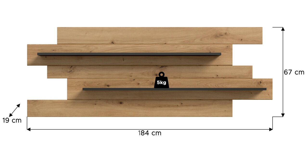 Wandregal-Set mit Holzrückwand in Eichenoptik und zwei schwarzen Metallablagen, Frontansicht; Maße ca. 184 x 67 x 19 cm, Tragkraft 5 kg.