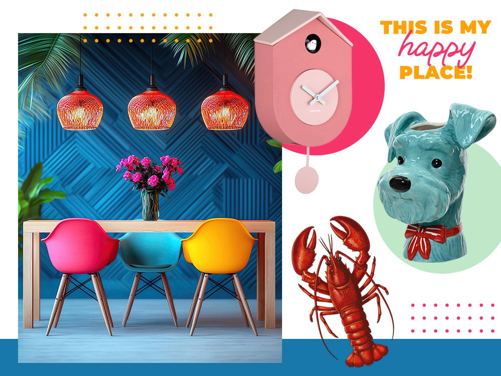 Exzentrisches Dining im Dopamine Decor Look – farbige Stühle, moderne Kukuksuhr, blaue Hundevase und florale Akzente.