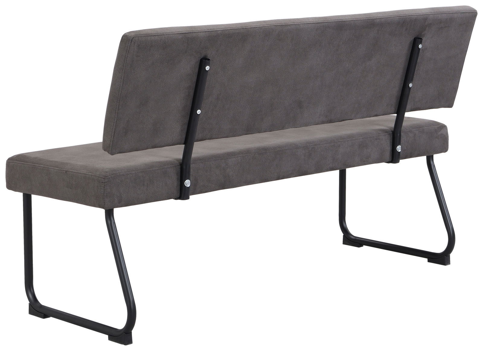 Rückansicht einer modernen grauen Bank mit schwarzem Metallgestell und gepolsterter Rückenlehne.