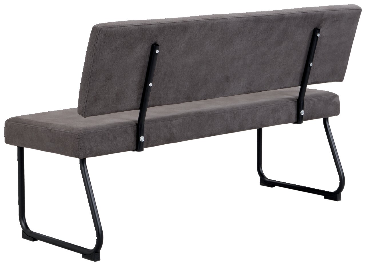 Rückansicht einer modernen grauen Bank mit schwarzem Metallgestell und gepolsterter Rückenlehne.
