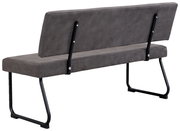 Rückansicht einer modernen grauen Bank mit schwarzem Metallgestell und gepolsterter Rückenlehne.