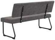 Rückansicht einer modernen grauen Bank mit schwarzem Metallgestell und gepolsterter Rückenlehne.