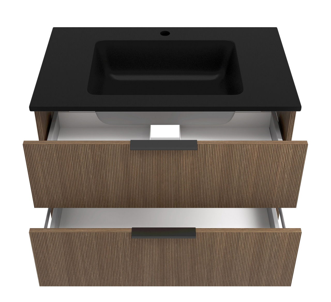 Waschtisch-Set mit schwarzem Waschbecken und zwei offenen Schubladen, Ansicht von oben
